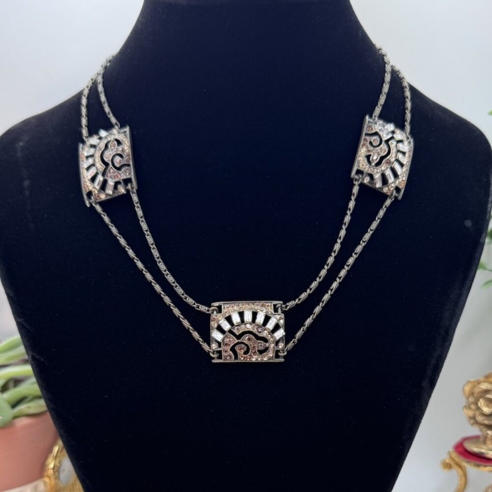 Rare Gorgeous Sweet Romance Art Deco Design Rhinestone Necklaces Brass Tone